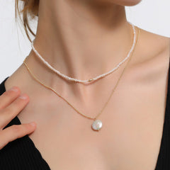 Layered Seed Pearl Necklace Set | Natural 3mm Baby Pearl & Button Pearl Pendant Chain-18K Gold Plated