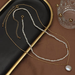 Layered Seed Pearl Necklace Set | Natural 3mm Baby Pearl & Button Pearl Pendant Chain-18K Gold Plated