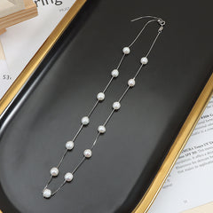Dainty S925 Sterling Silver Pearl Station Necklace – Natural 3-4mm Baroque Freshwater Pearls (16")