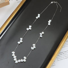 Dainty S925 Sterling Silver Pearl Station Necklace – Natural 3-4mm Baroque Freshwater Pearls (16")