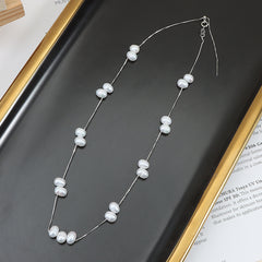 Dainty S925 Sterling Silver Pearl Station Necklace – Natural 3-4mm Baroque Freshwater Pearls (16")