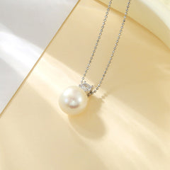 10mm White Natural Freshwater Pearl Pendant Necklace - Perfect Round, S925 Sterling Silver, 18"
