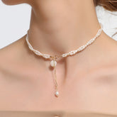 Dainty Layered Freshwater 2-3mm Pearl Necklace with Natural Shell Rose Pendant – 18K Gold Plated Choker