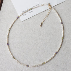 Natural Seed Pearl & Crystal Choker Necklace - 2-3mm White Rice Pearls, Gold Plated, 16-18"