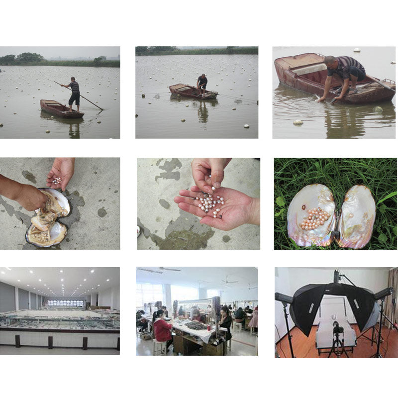 Freshwater pearl farming and processing, pearl oysters, pearls in hand, jewelry production setup