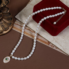Vintage-Style Emerald Green Pendant Necklace, 5-6mm Rice Freshwater Pearls, Oval Medallion Jewelry for Women