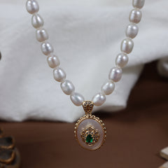 Vintage-Style Emerald Green Pendant Necklace, 5-6mm Rice Freshwater Pearls, Oval Medallion Jewelry for Women