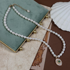 Vintage-Style Emerald Green Pendant Necklace, 5-6mm Rice Freshwater Pearls, Oval Medallion Jewelry for Women