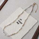 Whimsical Baroque Biwa Pearl & Pastel Crystal Beaded Necklace – Natural 5mm Freshwater Pearl Gold-Plated Choker (16")