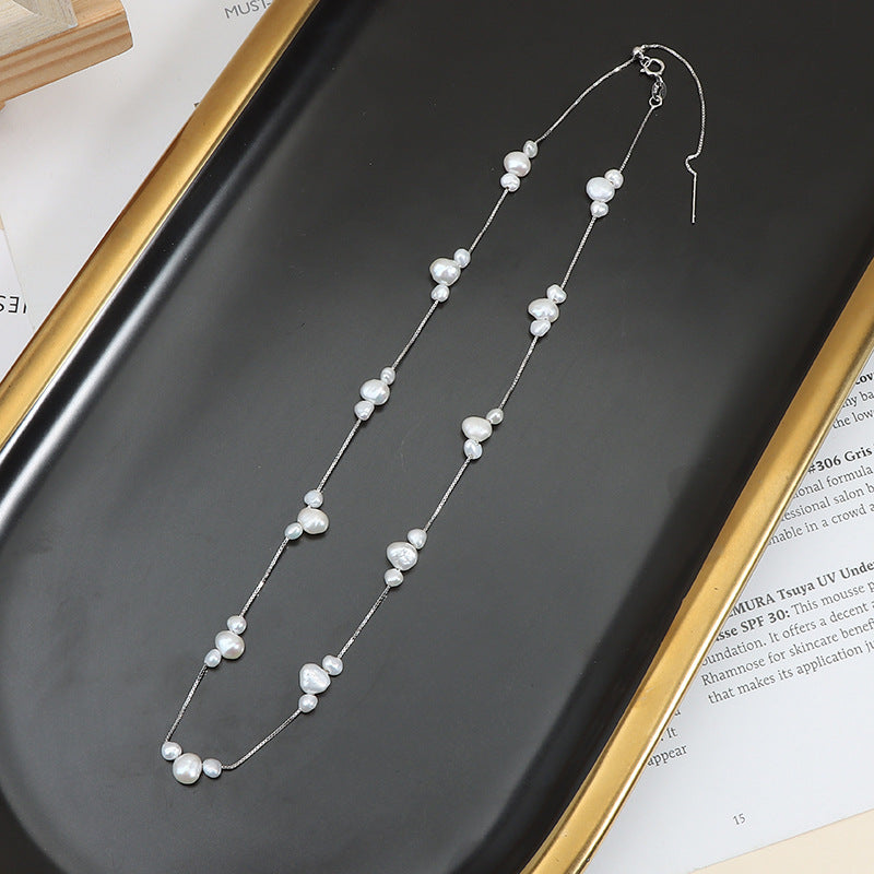 Starry Sky Pearl Necklace, 925 Sterling Silver Clavicle Chain, Baroque Necklace