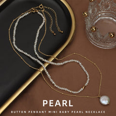 Layered Seed Pearl Necklace Set | Natural 3mm Baby Pearl & Button Pearl Pendant Chain-18K Gold Plated