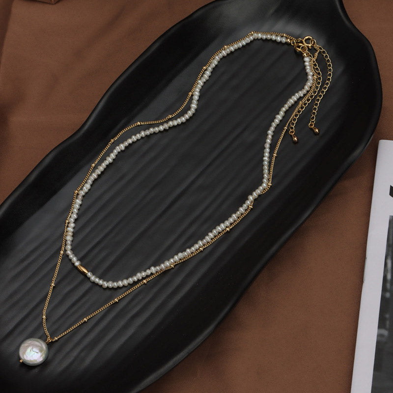 Layered Seed Pearl Necklace Set | Natural 3mm Baby Pearl & Button Pearl Pendant Chain-18K Gold Plated