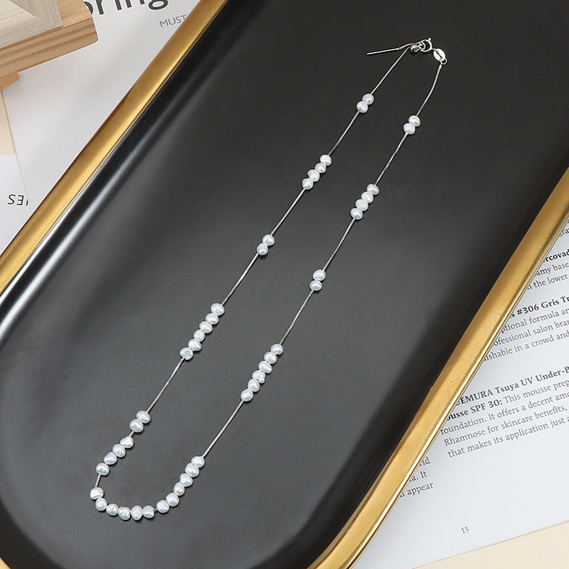 Starry Sky Pearl Necklace, 925 Sterling Silver Clavicle Chain, Baroque Necklace