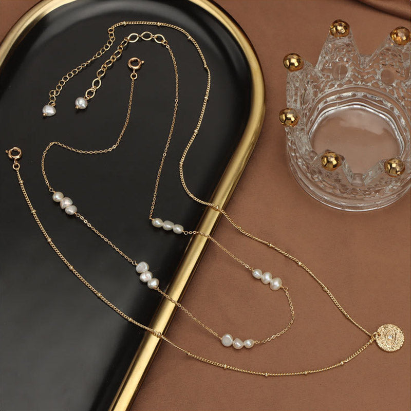 Dainty Layered Freshwater Pearl Necklace Set - 18K Gold Plated & Natural Freshwater Pearls (2-in-1)