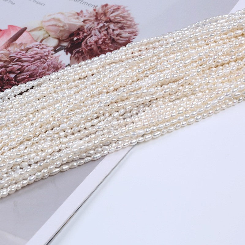 3-4mm White High Luster Natural Freshwater Baroque Rice Pearl Beads Strand (13.5") for DIY Jewelry Making