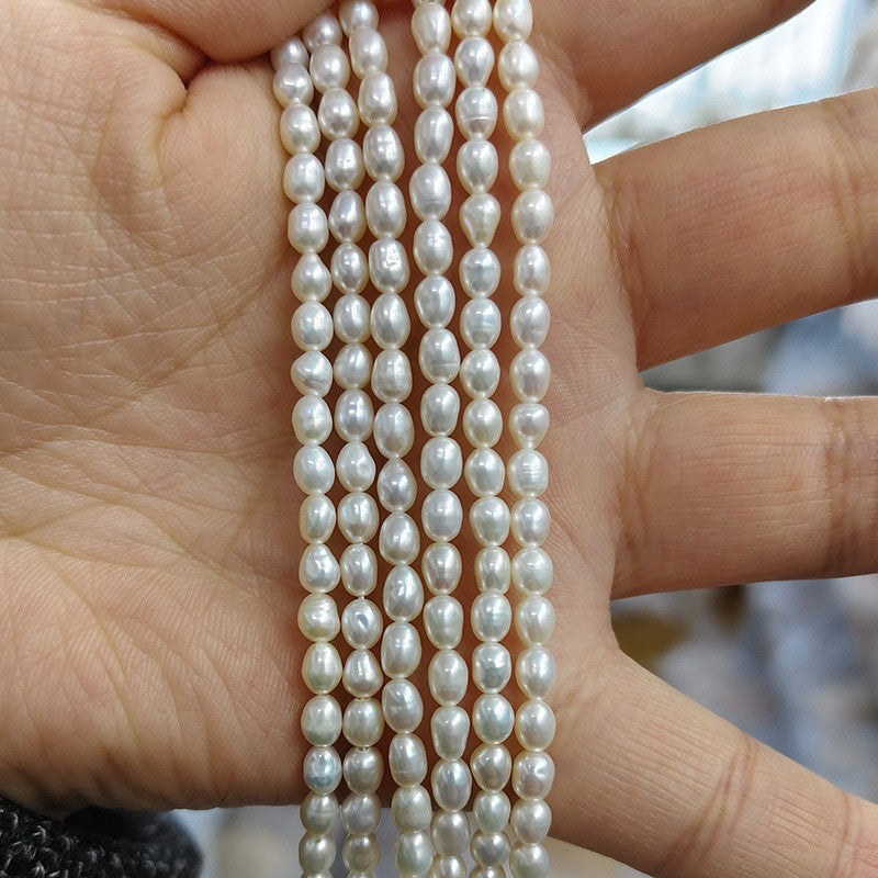 3-4mm White High Luster Natural Freshwater Baroque Rice Pearl Beads Strand (13.5") for DIY Jewelry Making