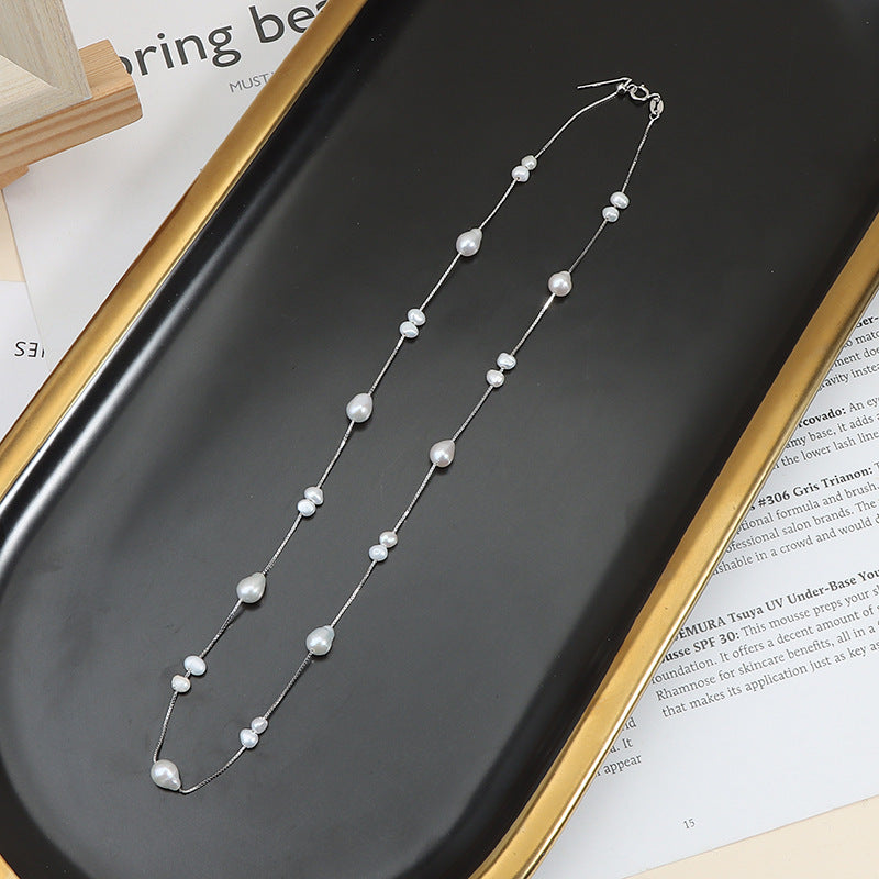 Starry Sky Pearl Necklace, 925 Sterling Silver Clavicle Chain, Baroque Necklace
