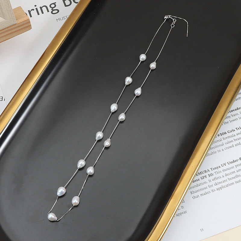 Starry Sky Pearl Necklace, 925 Sterling Silver Clavicle Chain, Baroque Necklace