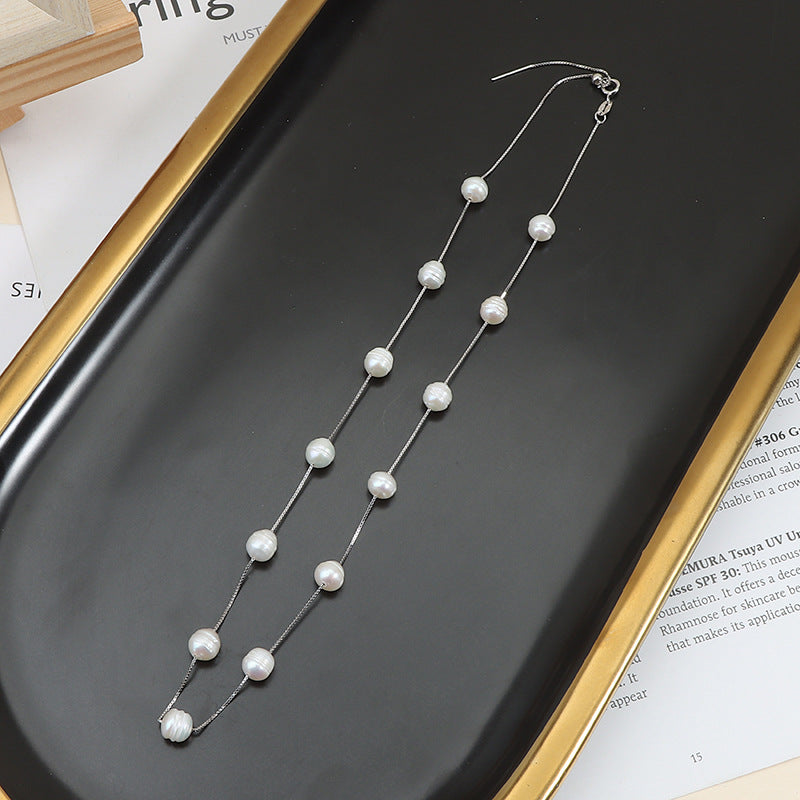 Starry Sky Pearl Necklace, 925 Sterling Silver Clavicle Chain, Baroque Necklace