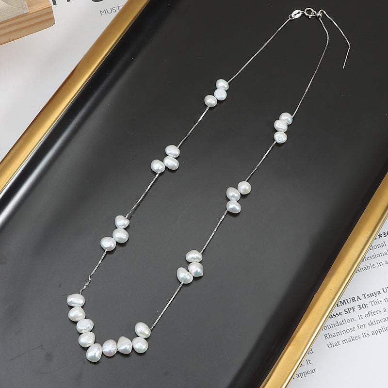 Starry Sky Pearl Necklace, 925 Sterling Silver Clavicle Chain, Baroque Necklace