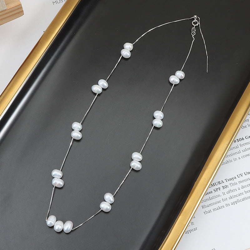 Starry Sky Pearl Necklace, 925 Sterling Silver Clavicle Chain, Baroque Necklace