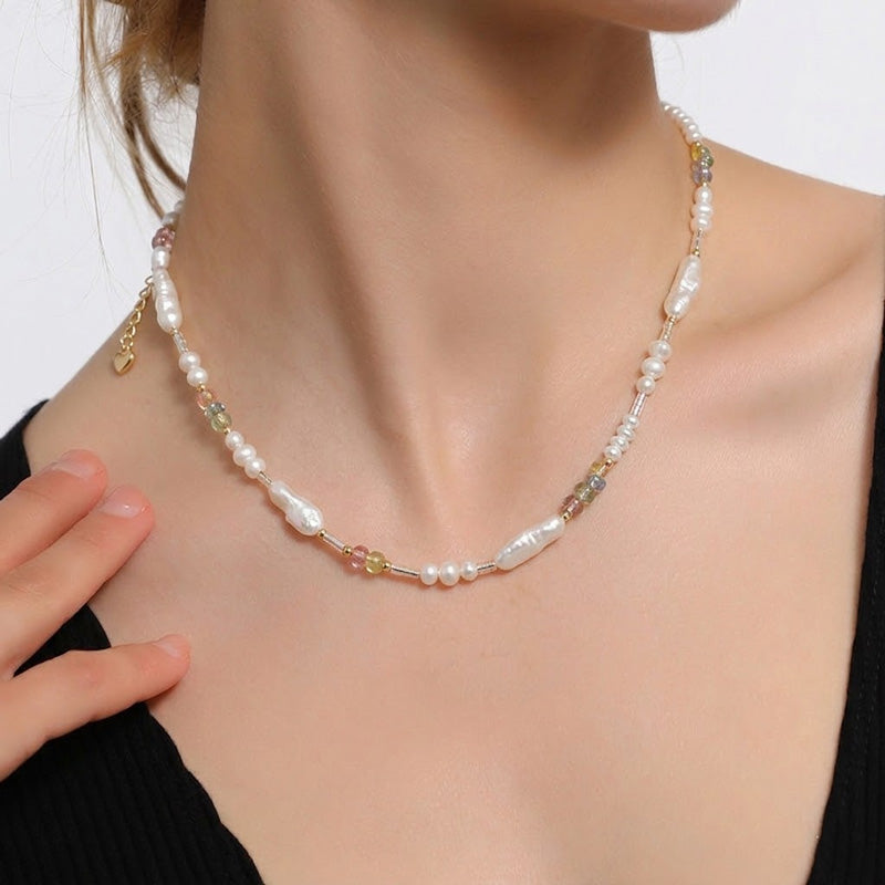 Whimsical Baroque Biwa Pearl & Pastel Crystal Beaded Necklace – Natural 5mm Freshwater Pearl Gold-Plated Choker (16")