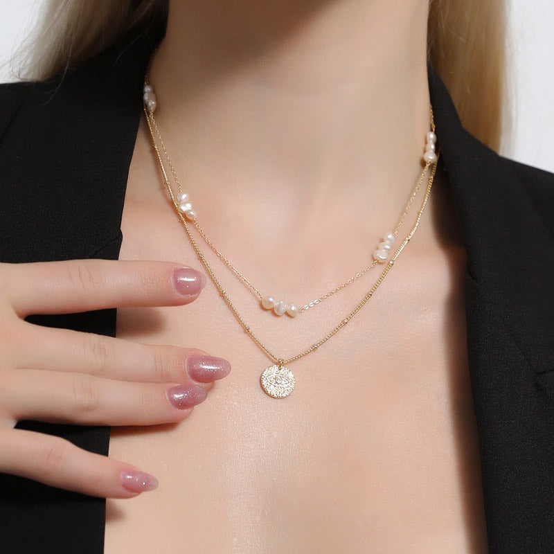 Dainty Layered Freshwater Pearl Necklace Set - 18K Gold Plated & Natural Freshwater Pearls (2-in-1)