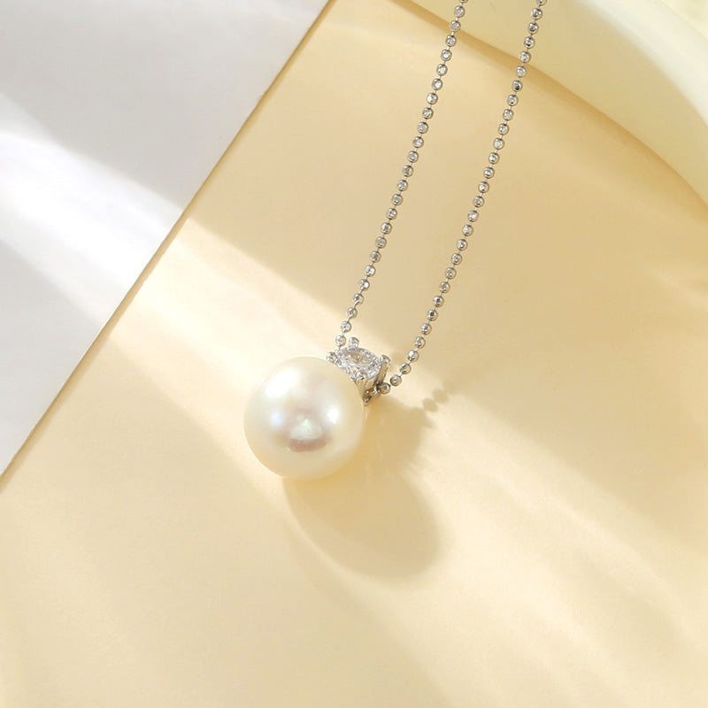 10mm White Natural Freshwater Pearl Pendant Necklace - Perfect Round, S925 Sterling Silver, 18"