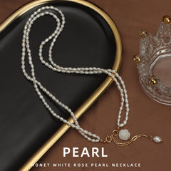 Dainty Layered Freshwater 2-3mm Pearl Necklace with Natural Shell Rose Pendant – 18K Gold Plated Choker