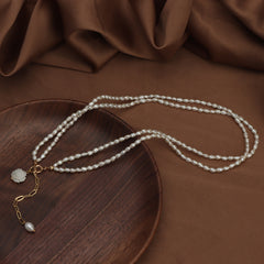 Dainty Layered Freshwater 2-3mm Pearl Necklace with Natural Shell Rose Pendant – 18K Gold Plated Choker
