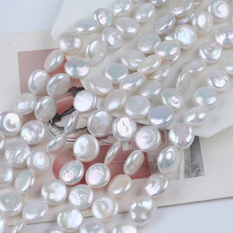 12mm White High Luster Natural Freshwater Baroque Button Pearl Beads Strand (14") for DIY Jewelry Making Secondary image