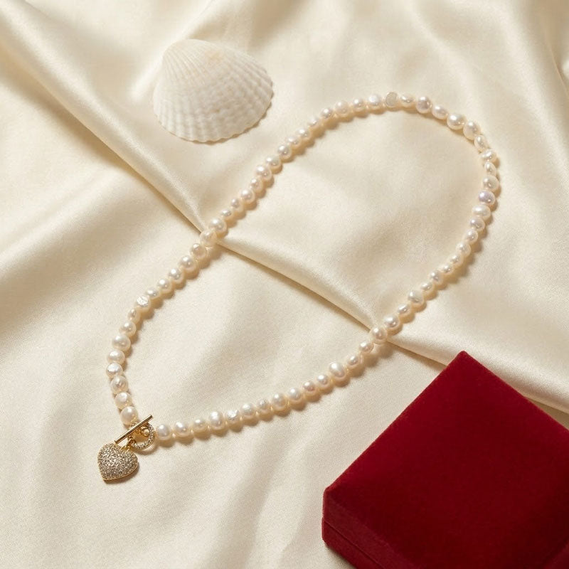 Unique Baroque Pearl Heart Toggle Necklace, 18K Gold Plated, High Luster Freshwater Pearls, Chic Statement Jewelry for Women