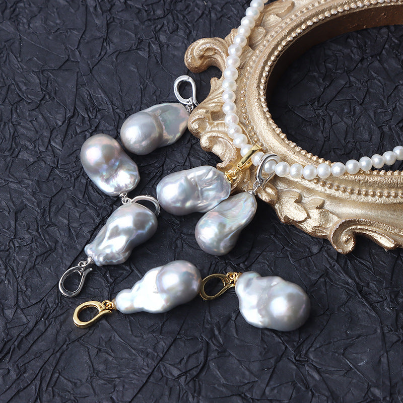 12-13mm Grey High Luster Natural Freshwater Fishtail Baroque Pearl Pendant with S925 Silver Enhancer Clasp (1 Pc) for DIY Jewelry Making