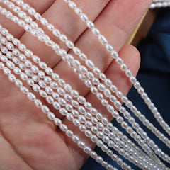 2.5mm White High Luster Natural Freshwater Baroque Rice Pearl Beads Strand (15") for DIY Jewelry Making