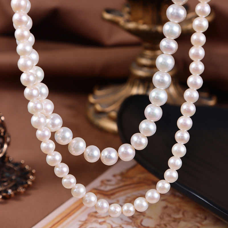5-6mm & 7-8mm White High Luster Natural Freshwater Near Round Pearl Double-Layered Choker Necklace (15") with S925 Silver Clasp Secondary image