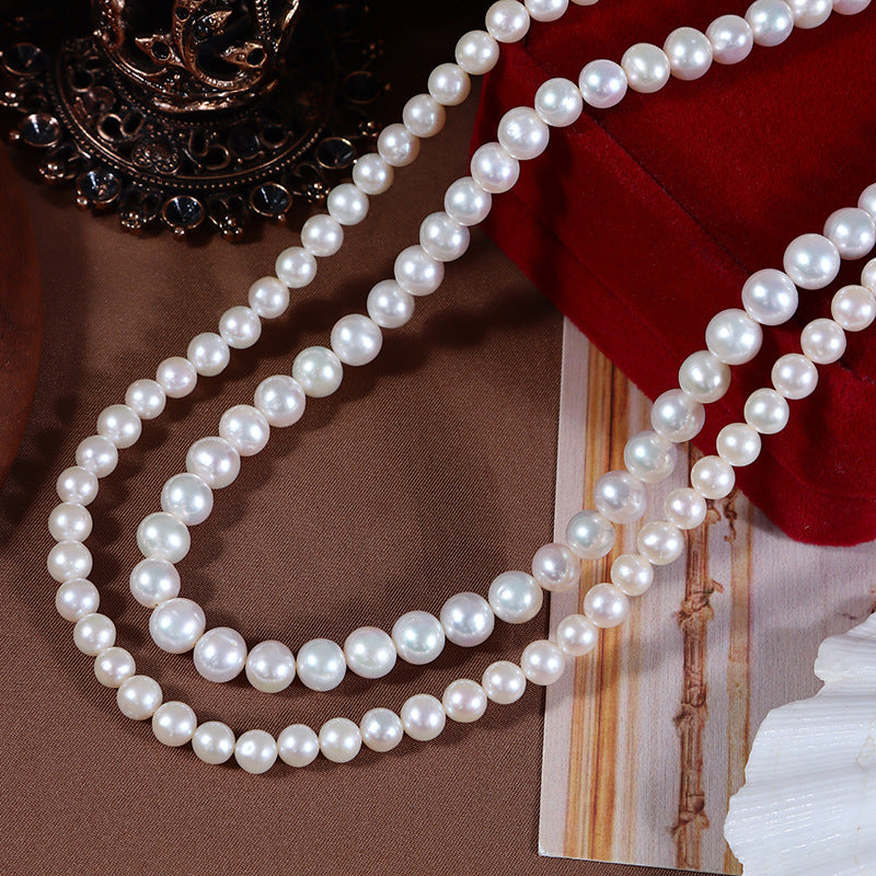 5-6mm & 7-8mm White High Luster Natural Freshwater Near Round Pearl Double-Layered Choker Necklace (15") with S925 Silver Clasp
