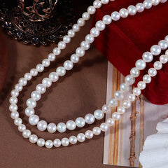5-6mm & 7-8mm White High Luster Natural Freshwater Near Round Pearl Double-Layered Choker Necklace (15") with S925 Silver Clasp