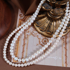 5-6mm & 7-8mm White High Luster Natural Freshwater Near Round Pearl Double-Layered Choker Necklace (15") with S925 Silver Clasp