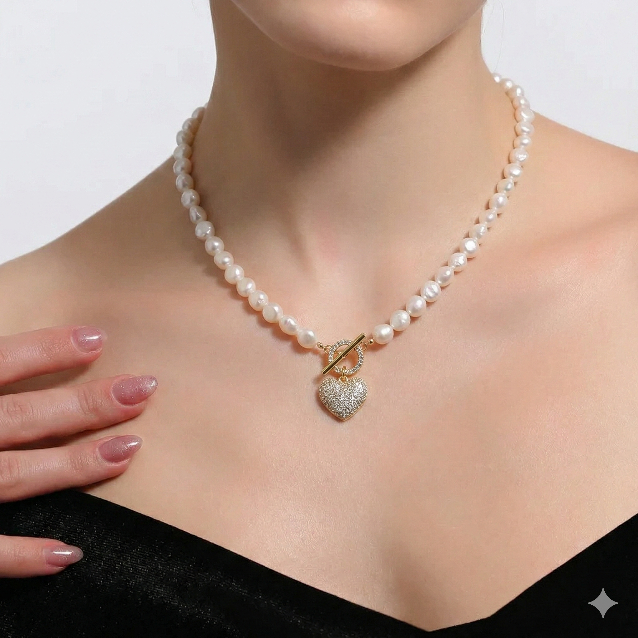Unique Baroque Pearl Heart Toggle Necklace, 18K Gold Plated, High Luster Freshwater Pearls, Chic Statement Jewelry for Women Main image