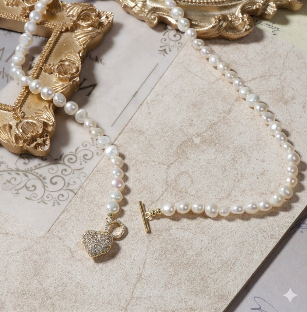 Unique Baroque Pearl Heart Toggle Necklace, 18K Gold Plated, High Luster Freshwater Pearls, Chic Statement Jewelry for Women