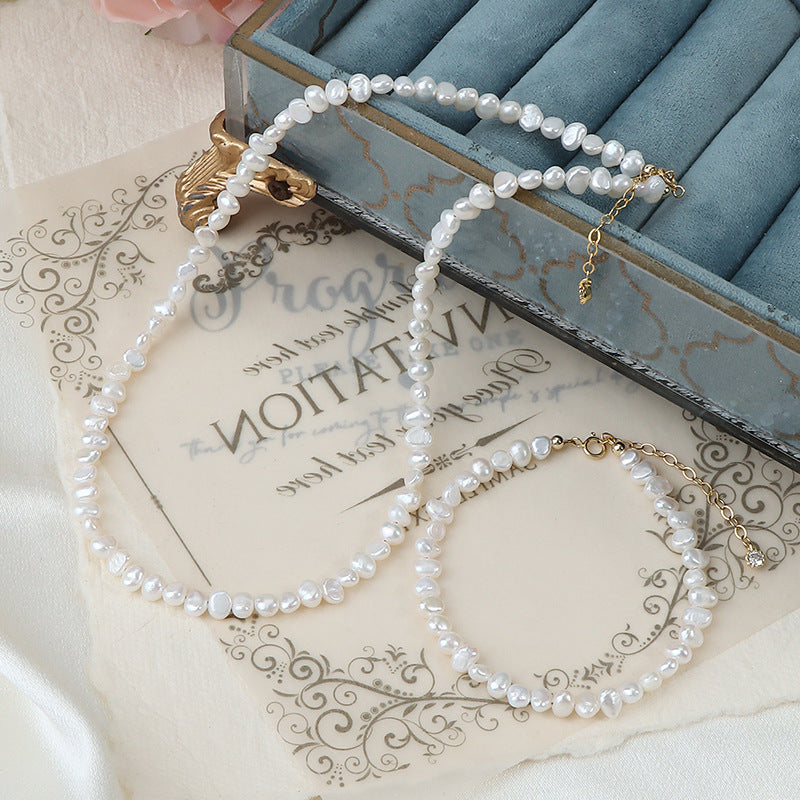 Natural Freshwater Baroque Pearl Necklace Bacelet Set 4mm