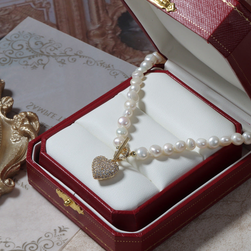 Unique Baroque Pearl Heart Toggle Necklace, 18K Gold Plated, High Luster Freshwater Pearls, Chic Statement Jewelry for Women