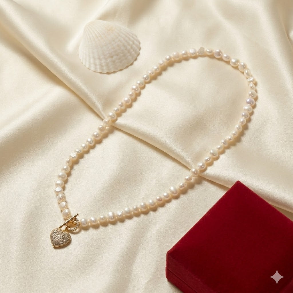 Unique Baroque Pearl Heart Toggle Necklace, 18K Gold Plated, High Luster Freshwater Pearls, Chic Statement Jewelry for Women Secondary image