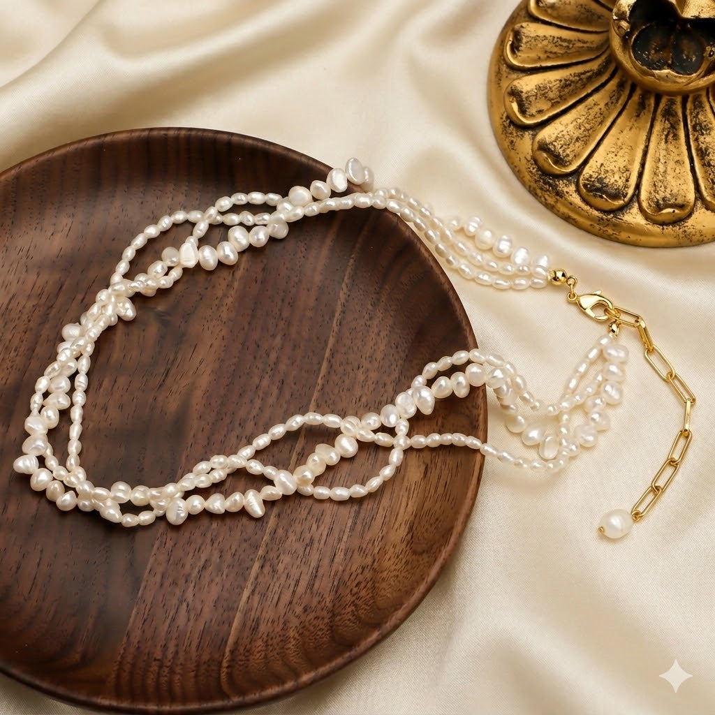 Dainty Multi-Strand Seed Pearl Necklace, 2-4mm Real Freshwater Pearls, 18K Gold Plated Twisted Layered Jewelry for Women