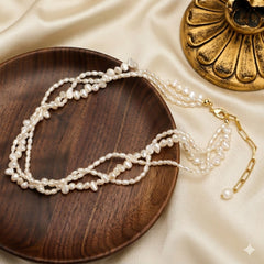 Dainty Multi-Strand Seed Pearl Necklace, 2-4mm Real Freshwater Pearls, 18K Gold Plated Twisted Layered Jewelry for Women