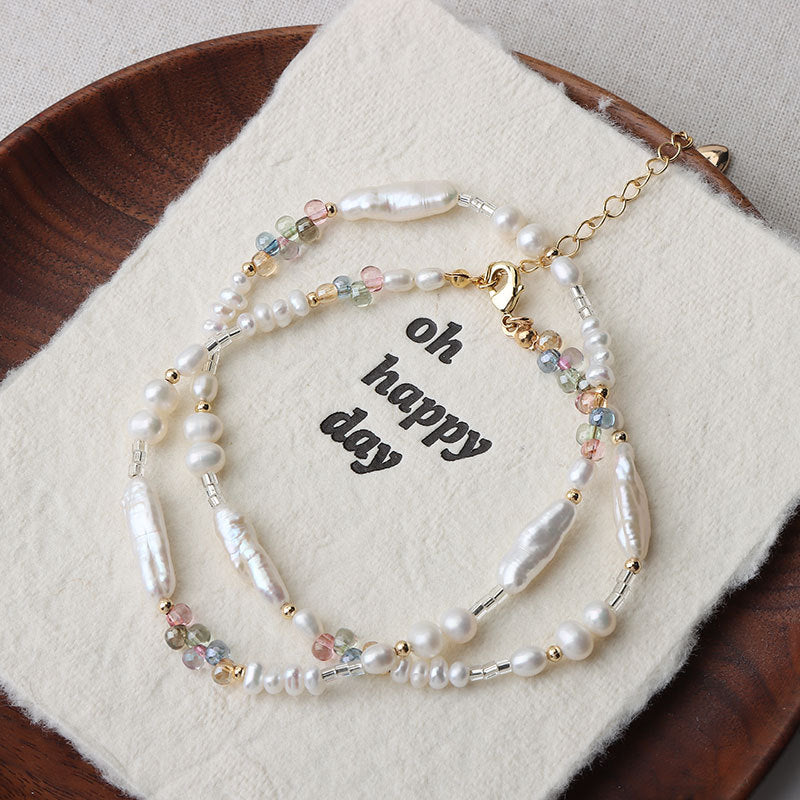 Baroque freshwater pearl necklace, clavicle chain, colorful crystal hand-beaded