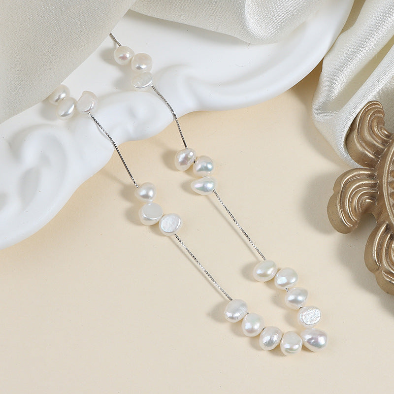 Starry Sky Pearl Necklace, 925 Sterling Silver Clavicle Chain, Baroque Necklace