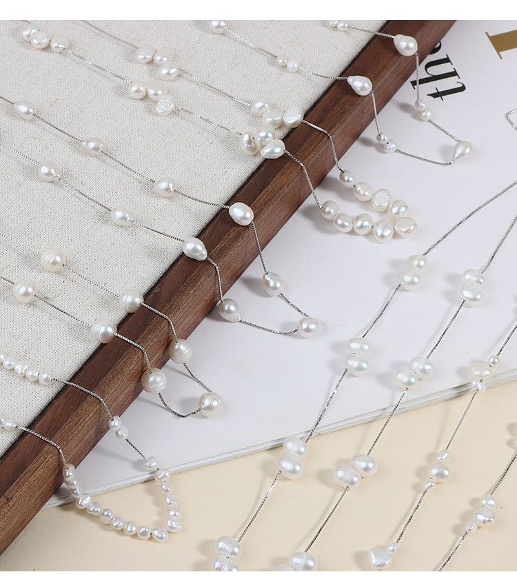 Starry Sky Pearl Necklace, 925 Sterling Silver Clavicle Chain, Baroque Necklace